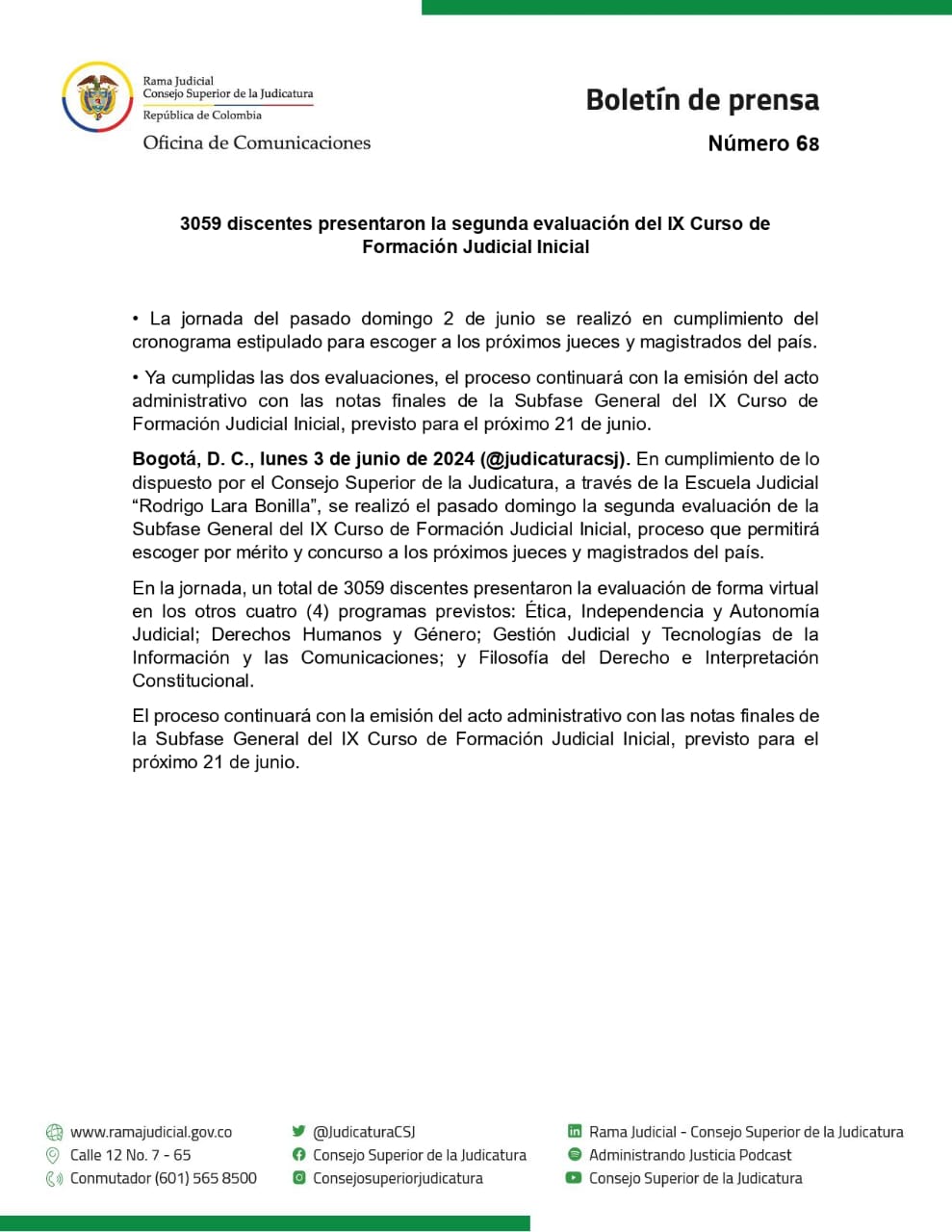BOLETÍN DE PRENSA NÚMERO 68